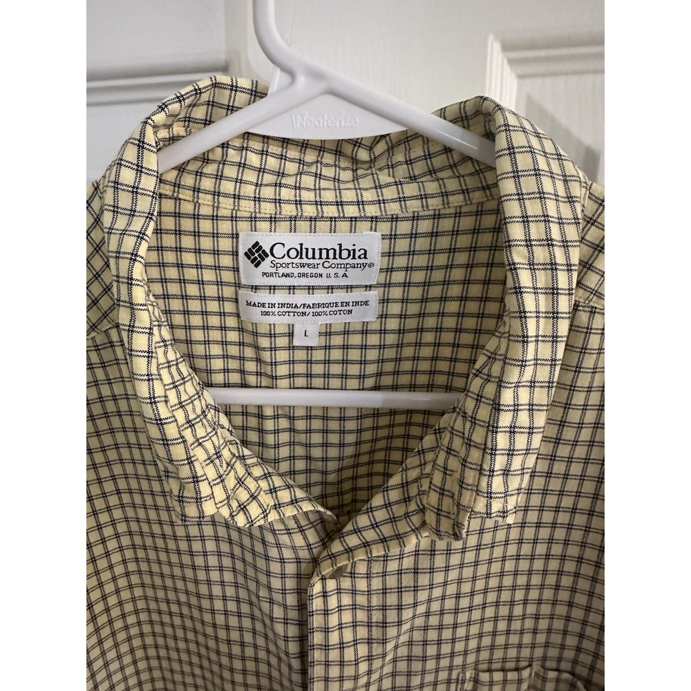 Columbia Men's L Yellow Black Cotton Check Short Sleeve Button-Down Shirt